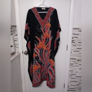Shore Drive Free Size Kaftan Black w Bright Orange Red Floral 2 sided print